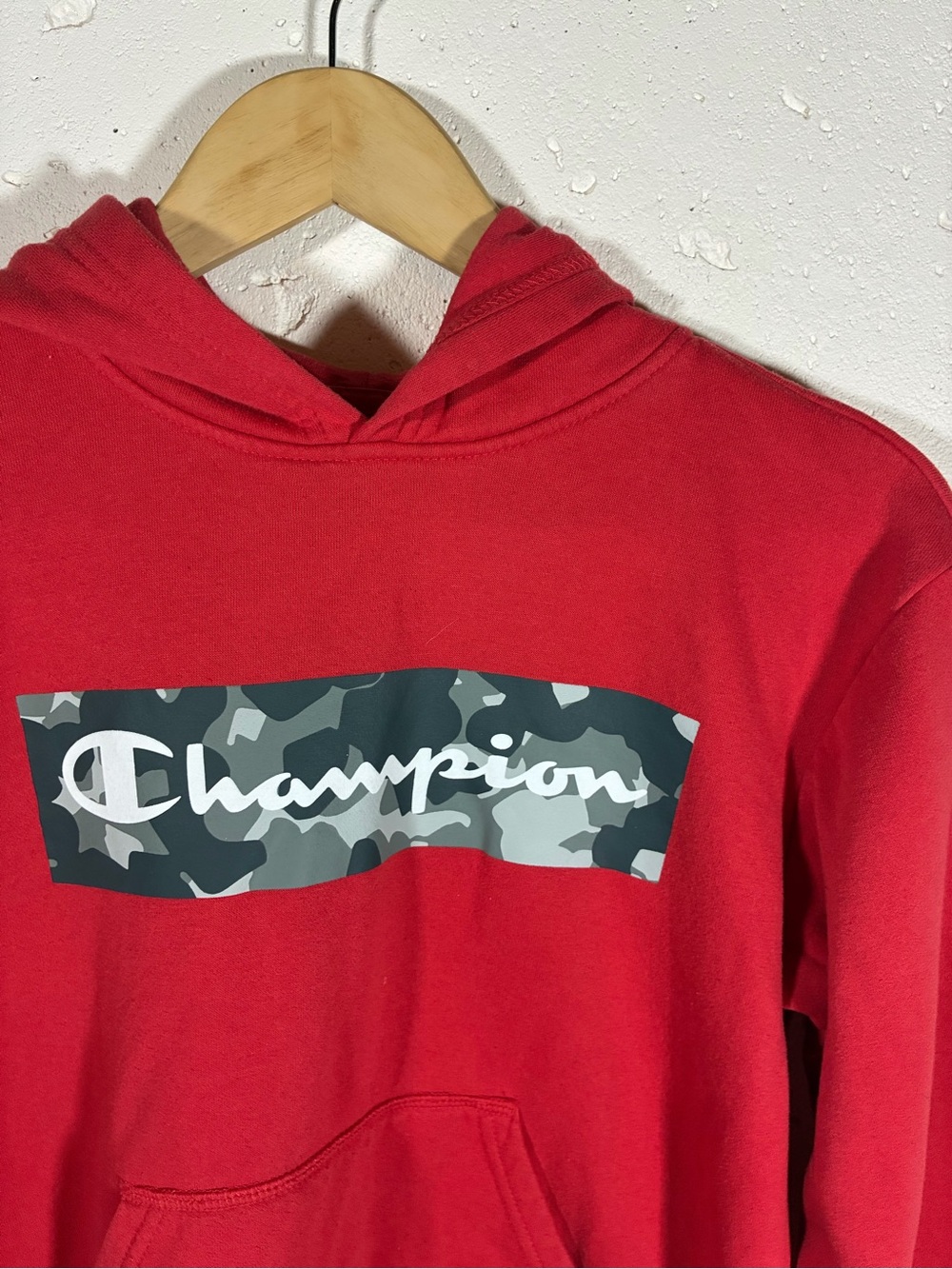 Champion Red Hoodie with Camo Logo